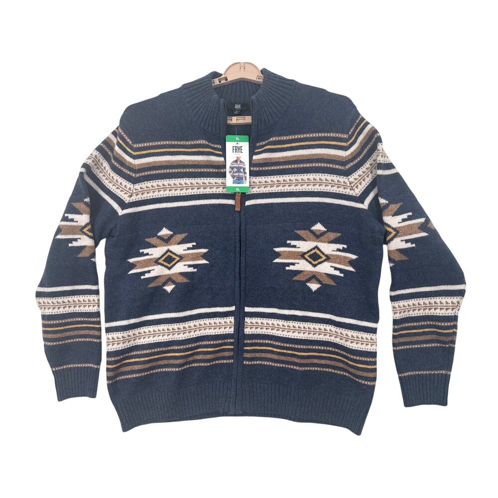 Frye Men's Mock Neck Full Zip Knit Cardigan Sweater, Blue, Size XL